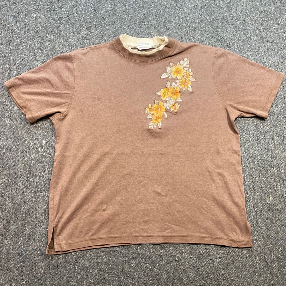 Bonworth Floral Embroidered Shirt Sz L Womens Brown Boho Mock Neck Top Retro 90s